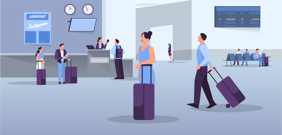 People in the airport web banner design concept. Illustration