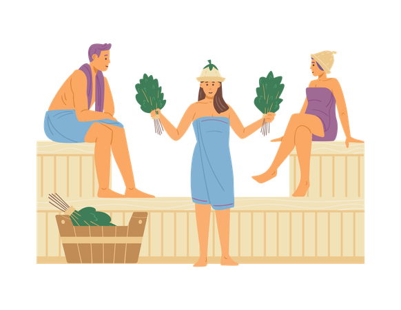 People in towels relax at sauna or banya with hot steam and brooms  Illustration