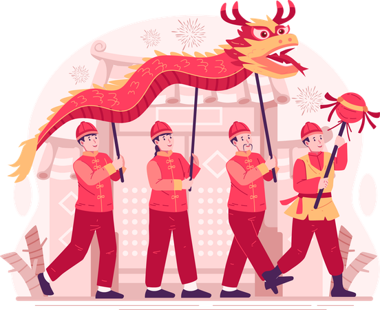 People in Traditional Costumes Perform a Dragon Dance in Front of the Temple Gate for the Chinese New Year Celebration イラスト