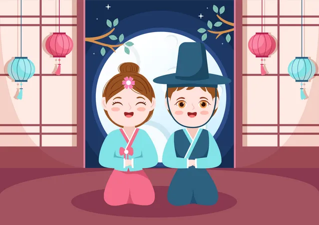People in Traditional Hanbok on Chuseok Day Illustration