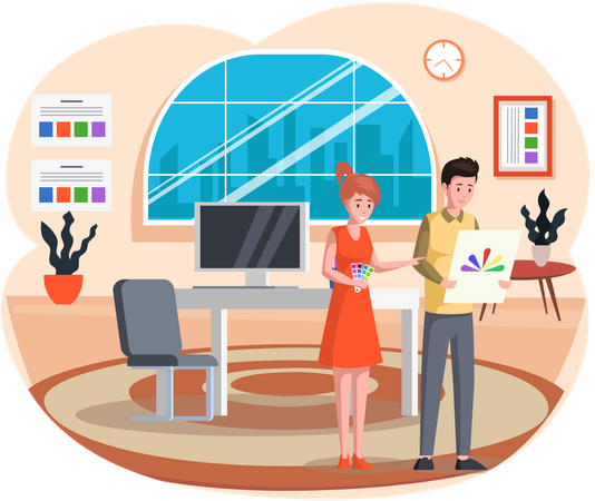 タイポグラフィの人々は絵の具のパレットを見ている  イラスト