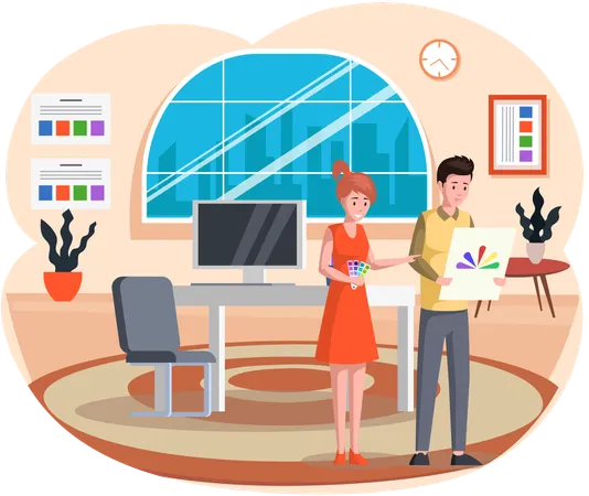 タイポグラフィの人々は絵の具のパレットを見ている  イラスト
