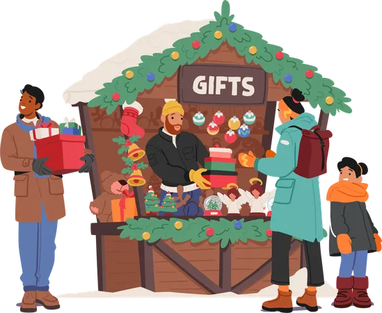 Amidst Twinkling Lights Characters Browse A Christmas Fair Stall People In Warm Clothes And Cozy Scarves Mesmerized By Festive Gifts And The Joy Of The Holiday Season Cartoon Vector Illustration Illustration