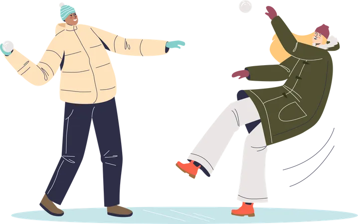 People in winter playing with snowballs  Illustration