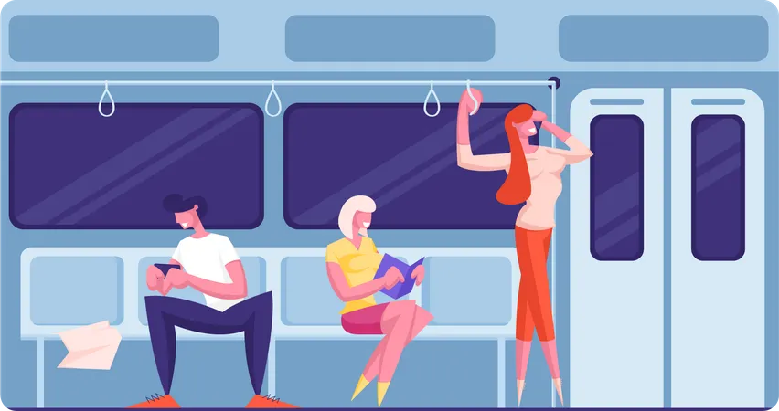 People inside train doing leisure activities  Illustration