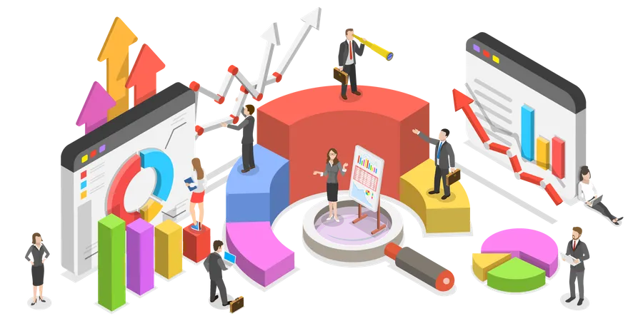 Isometric Vector Concept Of Business Environment People Are Interacting With Graphs Charts And Other Statistical Data Big Data Analysis Illustration
