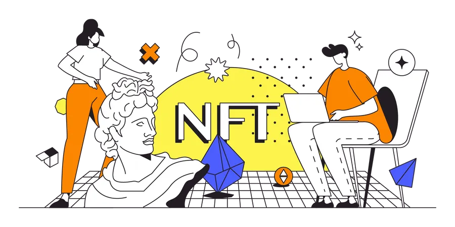 NFT And Cryptocurrency Web Concept In Flat Outline Design With Characters Man And Woman Invest In Collectible Artwork With Non Fungible Token Crypto Business People Scene Vector Illustration Illustration