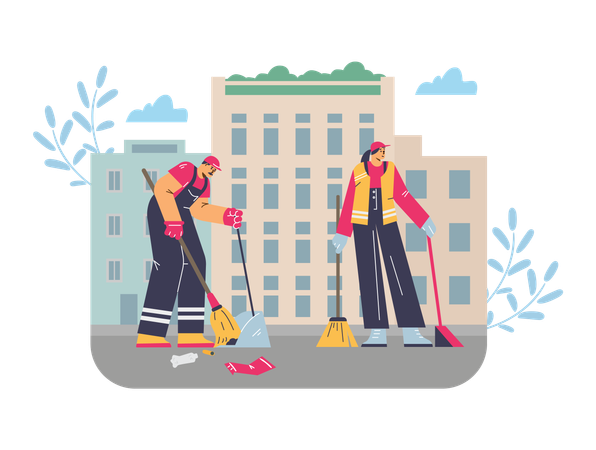 People janitor with broom and scoop on cityscape  Illustration