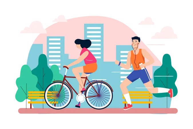 People Jogging And Cycling In The Park  Illustration