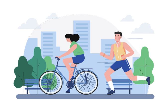 People Jogging And Cycling In The Park  Illustration