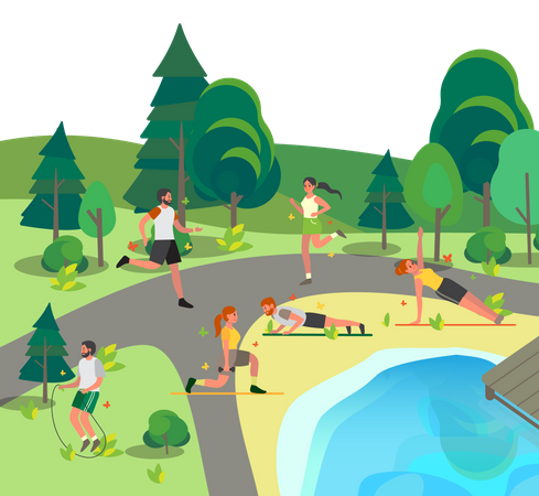 People jogging and doing exercise in park  Illustration