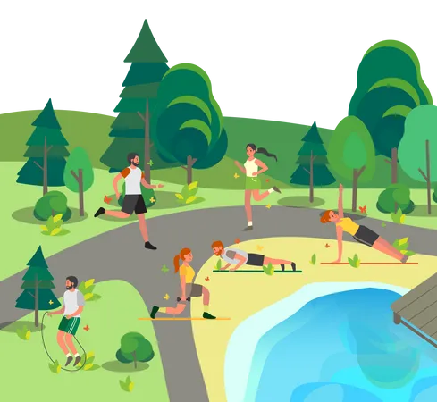 People jogging and doing exercise in park Illustration