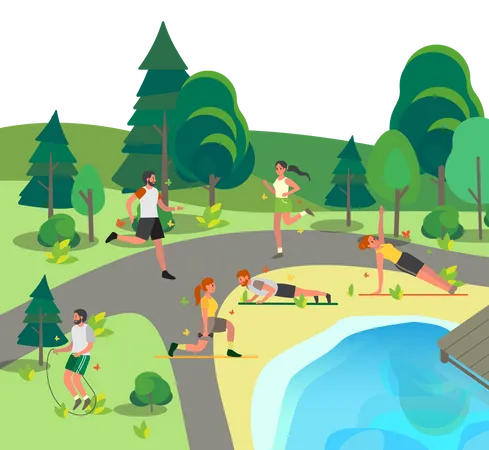 People jogging and doing exercise in park  Illustration