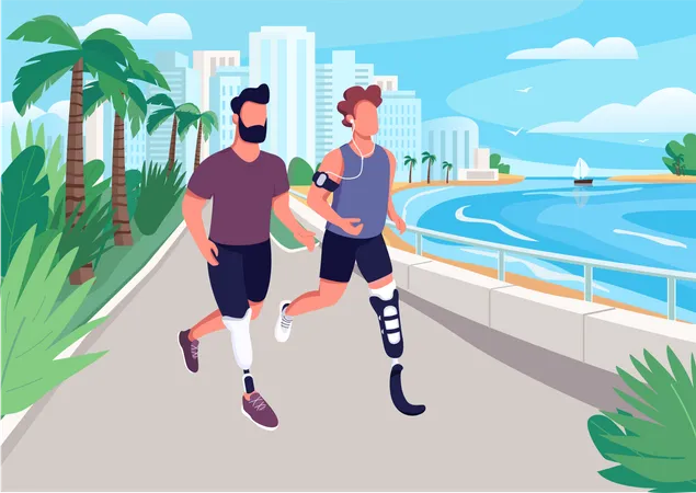 People Jogging On Seafront Flat Color Vector Illustration Men With Artificial Limbs Running Guys At Promenade Male 2 D Cartoon Characters With Luxury Resort Coastline On Background Illustration