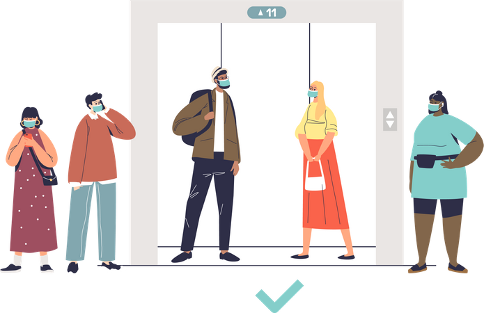 People keeping social distance and waiting for elevator Illustration