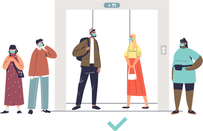 People keeping social distance and waiting for elevator  Illustration