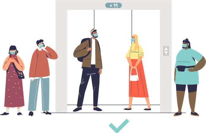 People keeping social distance and waiting for elevator  Illustration