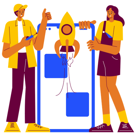 People launching Mobile app  Illustration