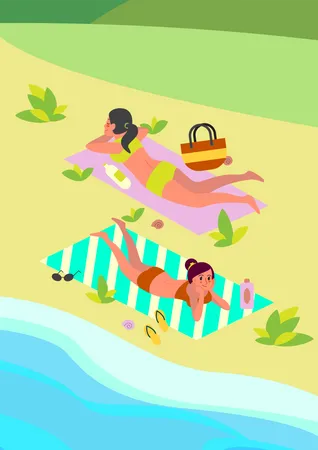 Sun Protection Concept Woman Laying On Beach Towel Relaxing And Getting A Suntan Friend On Summer Holiday And Vacation Vector Illustration In Cartoon Style Illustration