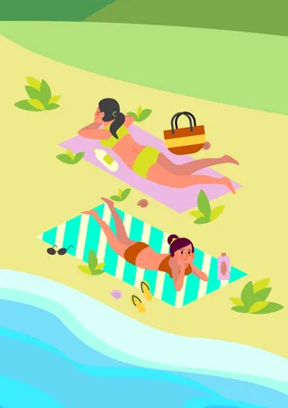 People laying on beach towel  Illustration