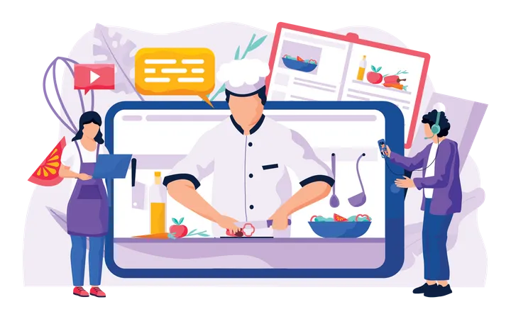 People learning cooking through online class  Illustration