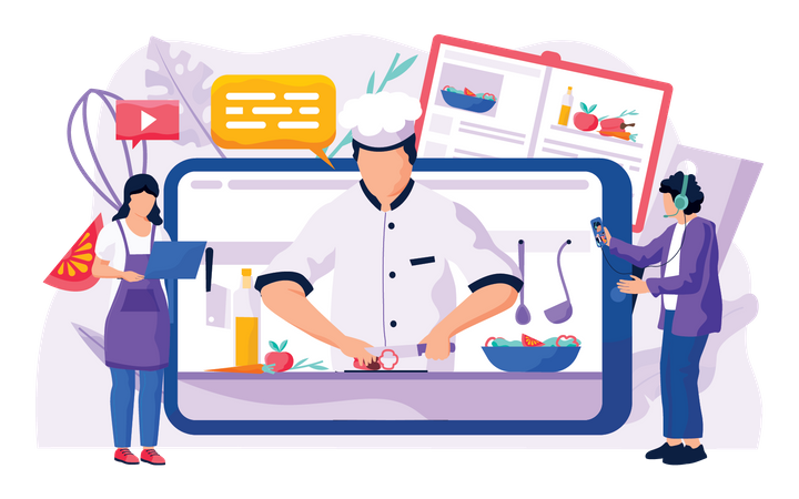 People learning cooking through online class  イラスト