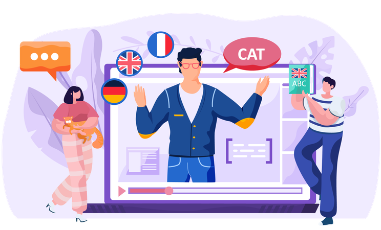 People learning online languages using online course  Illustration