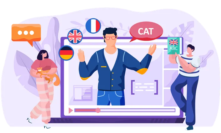 People learning online languages using online course  Illustration