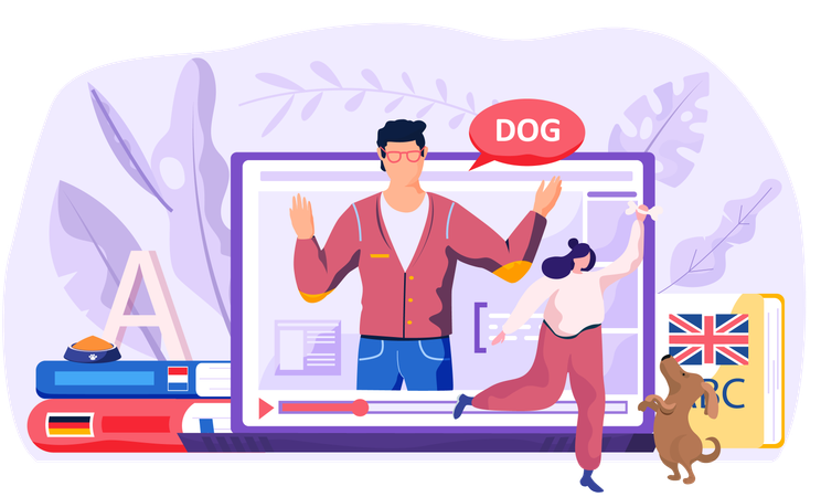 People learning online languages using online course  Illustration