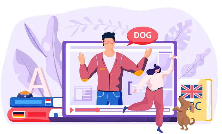 People learning online languages using online course  Illustration