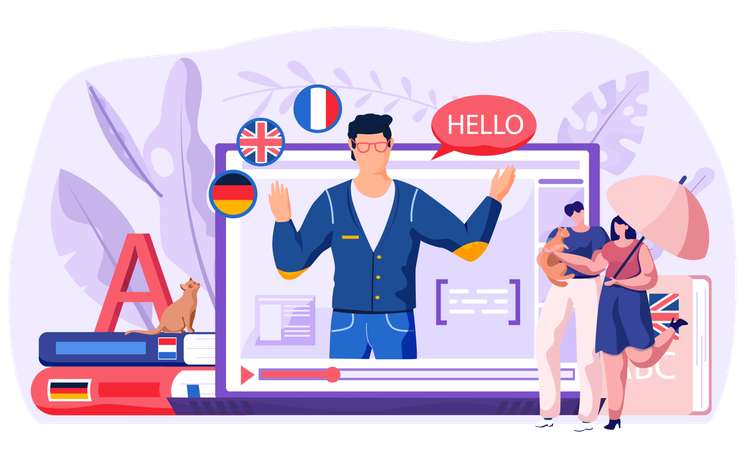 People learning online languages using online course  Illustration