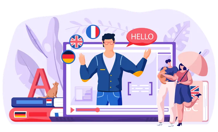 People learning online languages using online course  Illustration