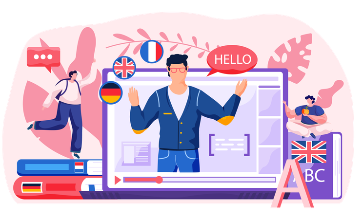 People learning online languages using online course  Illustration