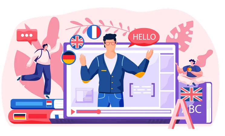 People learning online languages using online course  Illustration