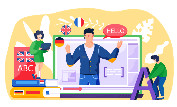 People learning online languages using online course  Illustration