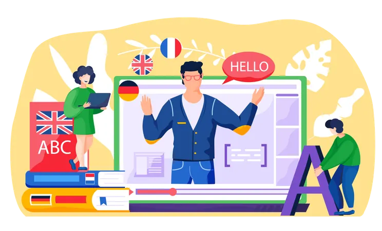 People learning online languages using online course  Illustration