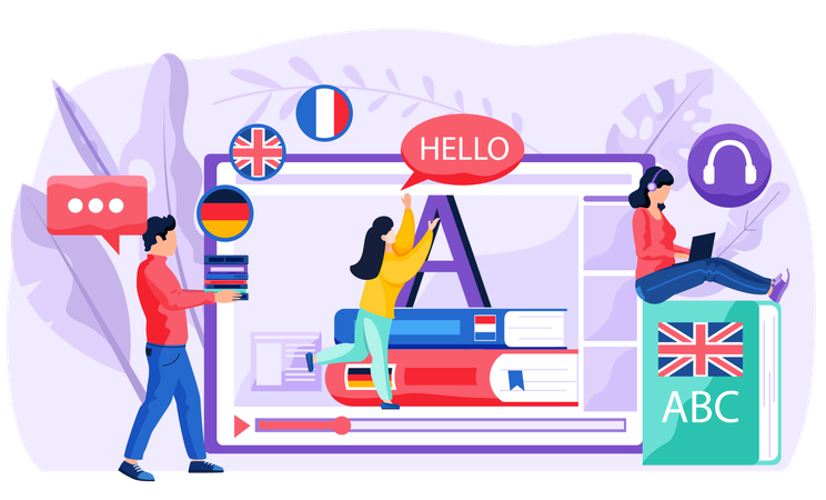 People learning online languages using online course  Illustration