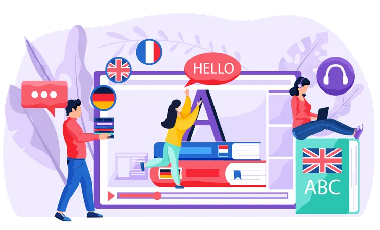 People learning online languages using online course  Illustration