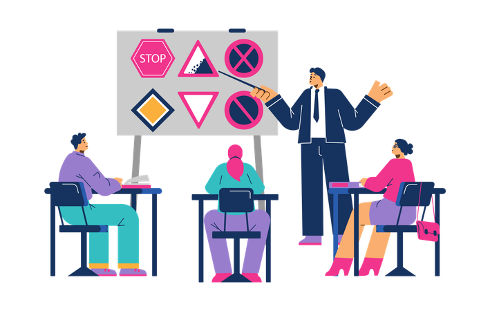 People learning traffic rules at Driving school Illustration