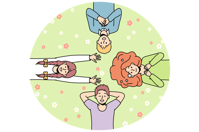 People lie on grass among flowers and look at sky  Illustration
