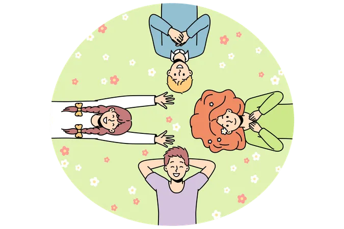 People lie on grass among flowers and look at sky  Illustration