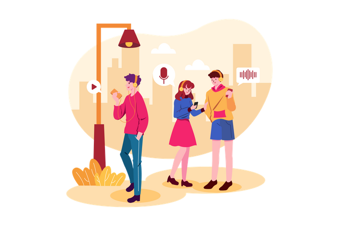 People listen to podcasts while walking on the street Illustration