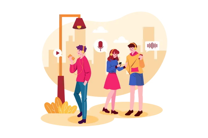 People listen to podcasts while walking on the street Illustration
