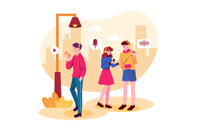 People listen to podcasts while walking on the street  Illustration