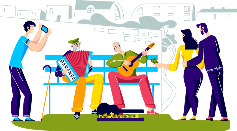 People listen to street performers playing musical instruments  Illustration