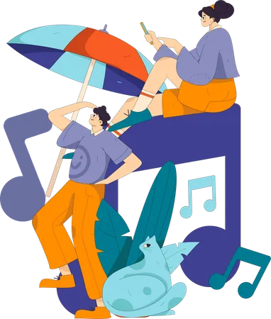 People listening music on holiday  Illustration