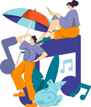 People listening music on holiday  Illustration