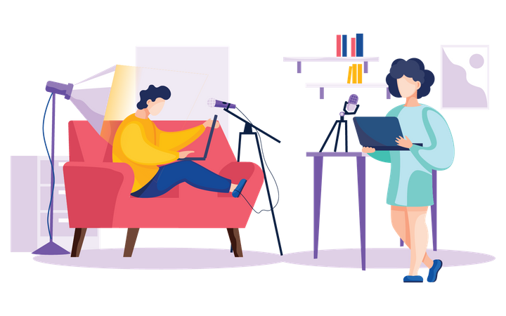 People listening podcast from home  Illustration