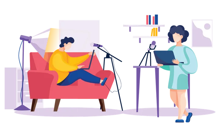 People listening podcast from home  Illustration