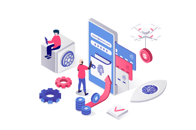 People login with fingerprint scan to banking account with digital credit card  Illustration